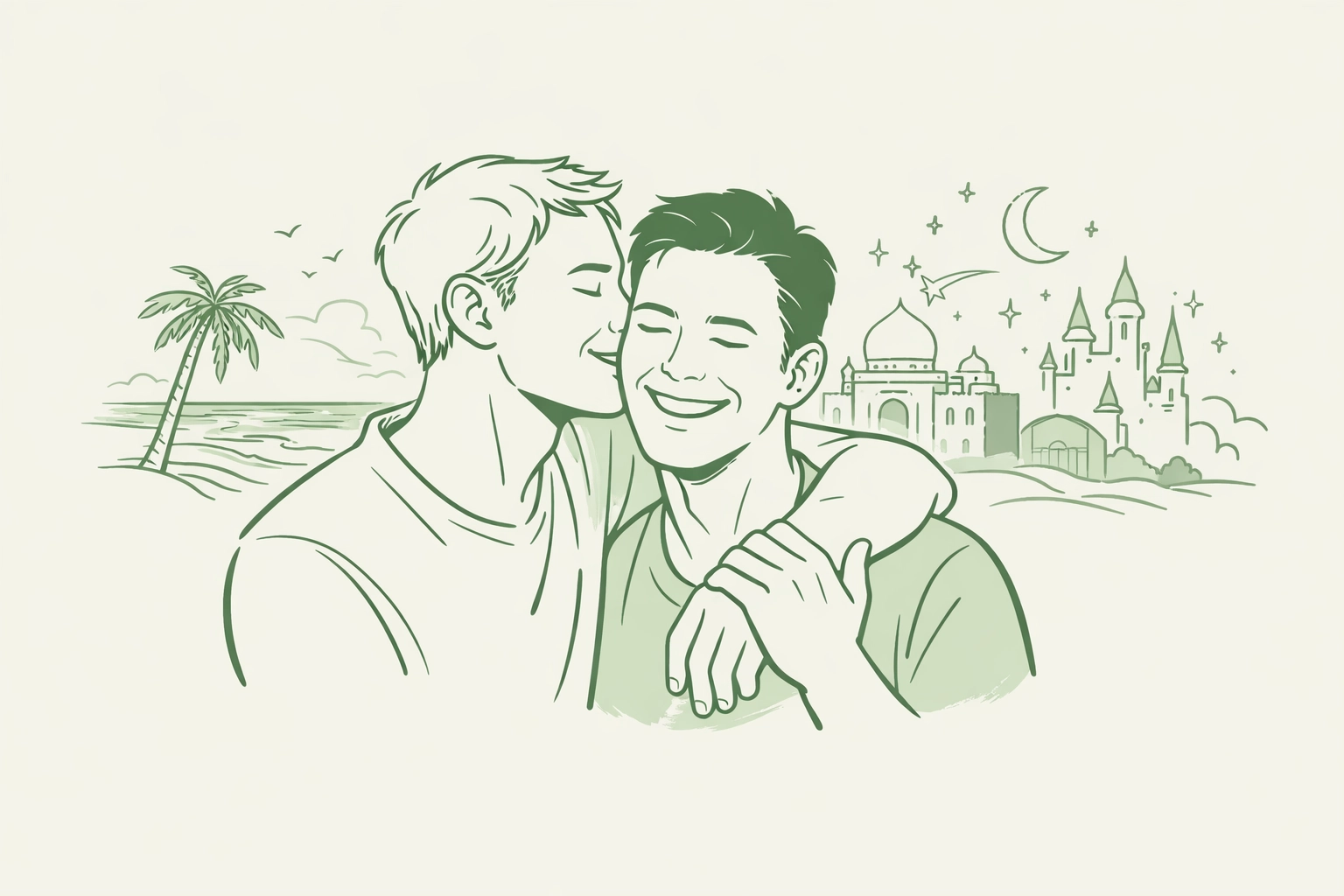 Male couple embracing representing diverse gay romance and MM fiction storytelling genres
