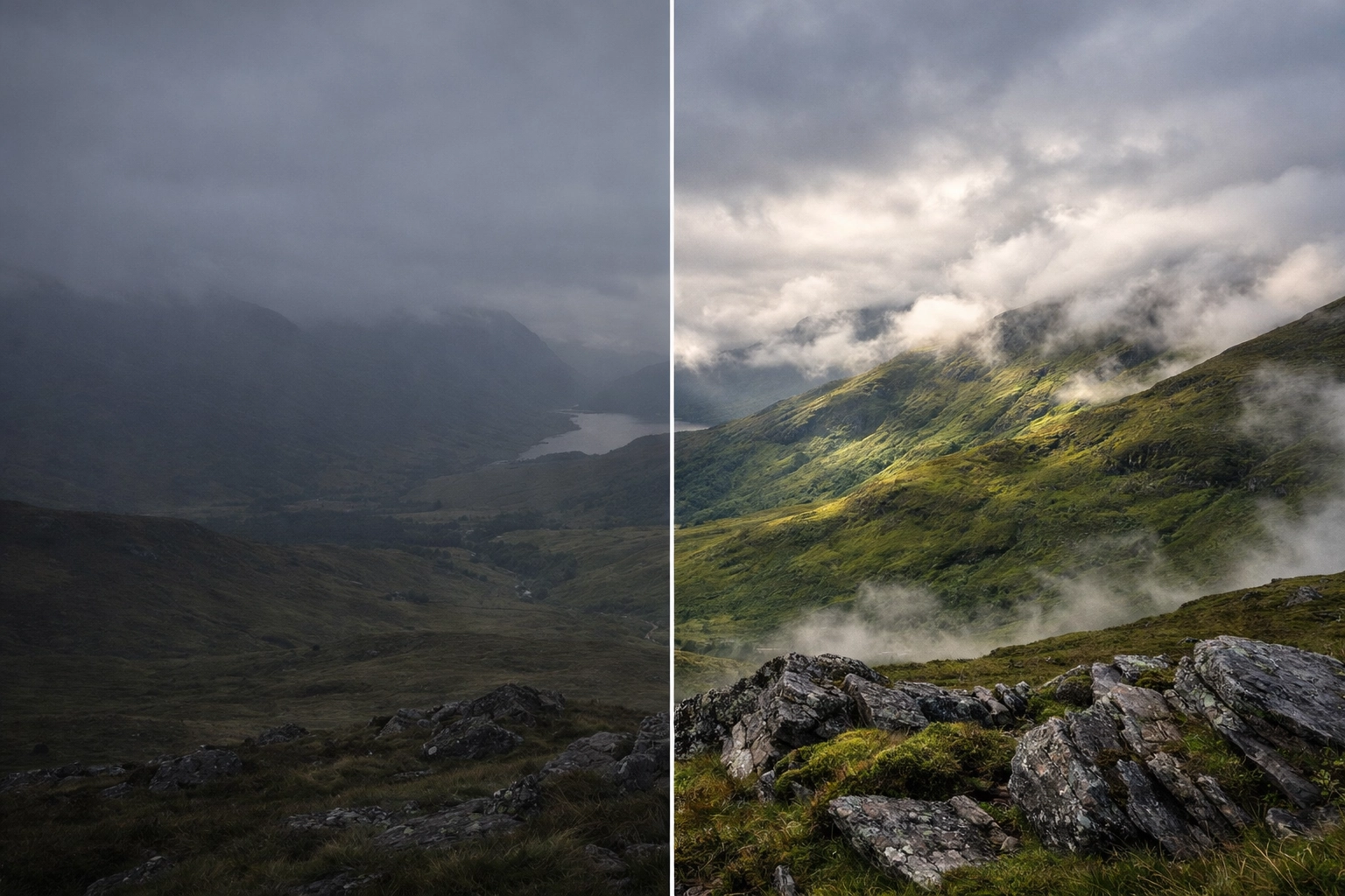 Scottish Highlands landscape comparing raw and edited exposure using the Luminar Neo Develop tool.