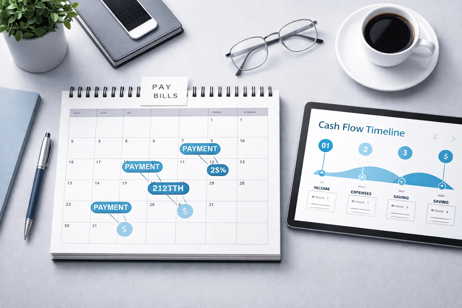 Minimalist desk with a calendar and tablet, showing structured cash flow planning for debt collection payment processing.