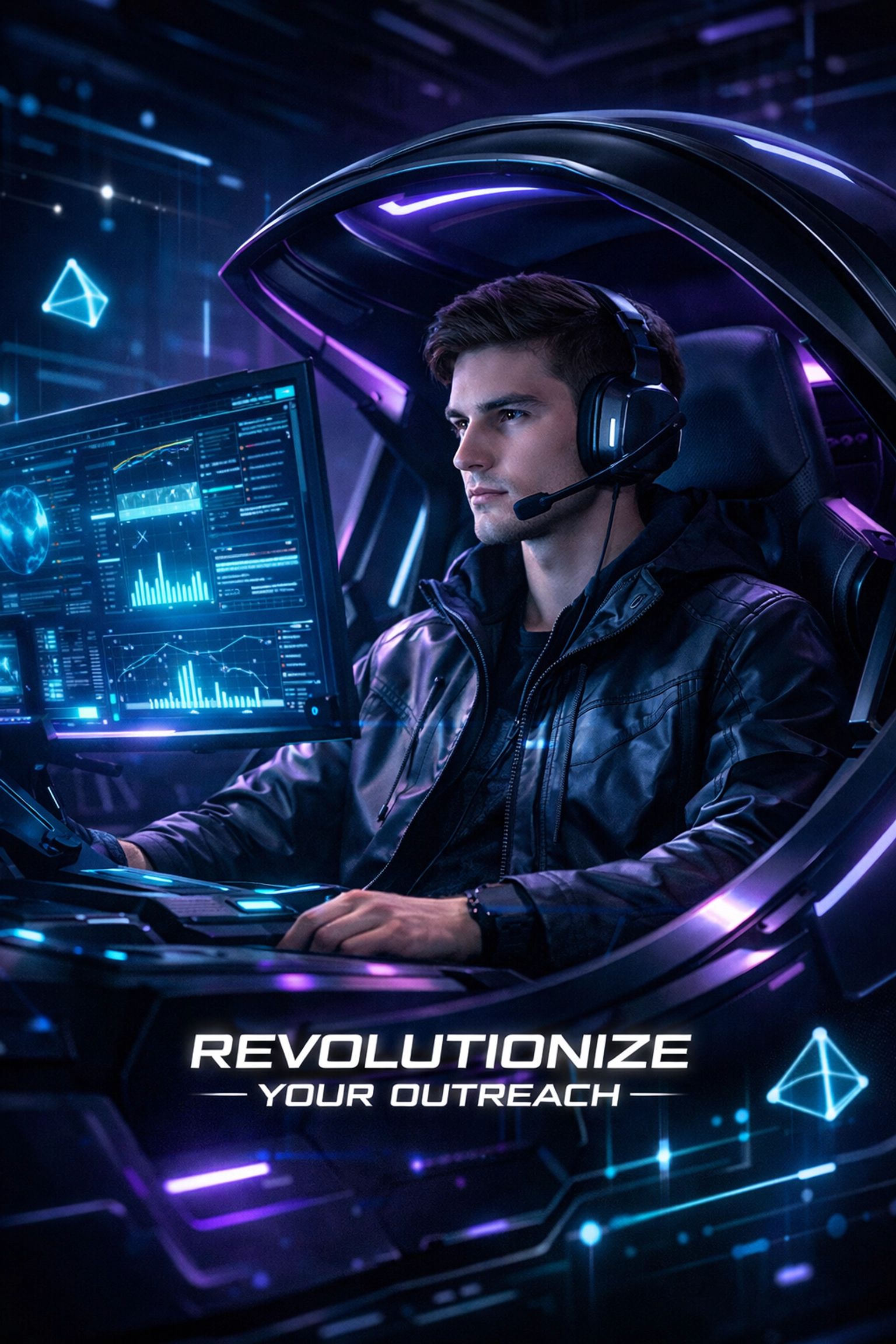 Professional using a futuristic simulation pod for Gen Z outreach and authentic brand engagement.