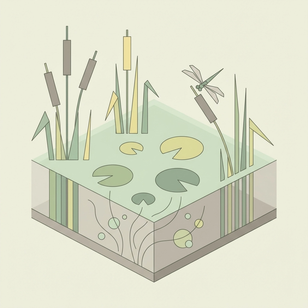 Aquatic plants including reeds, lily pads, and submerged oxygenators in a minimalistic small pond habitat