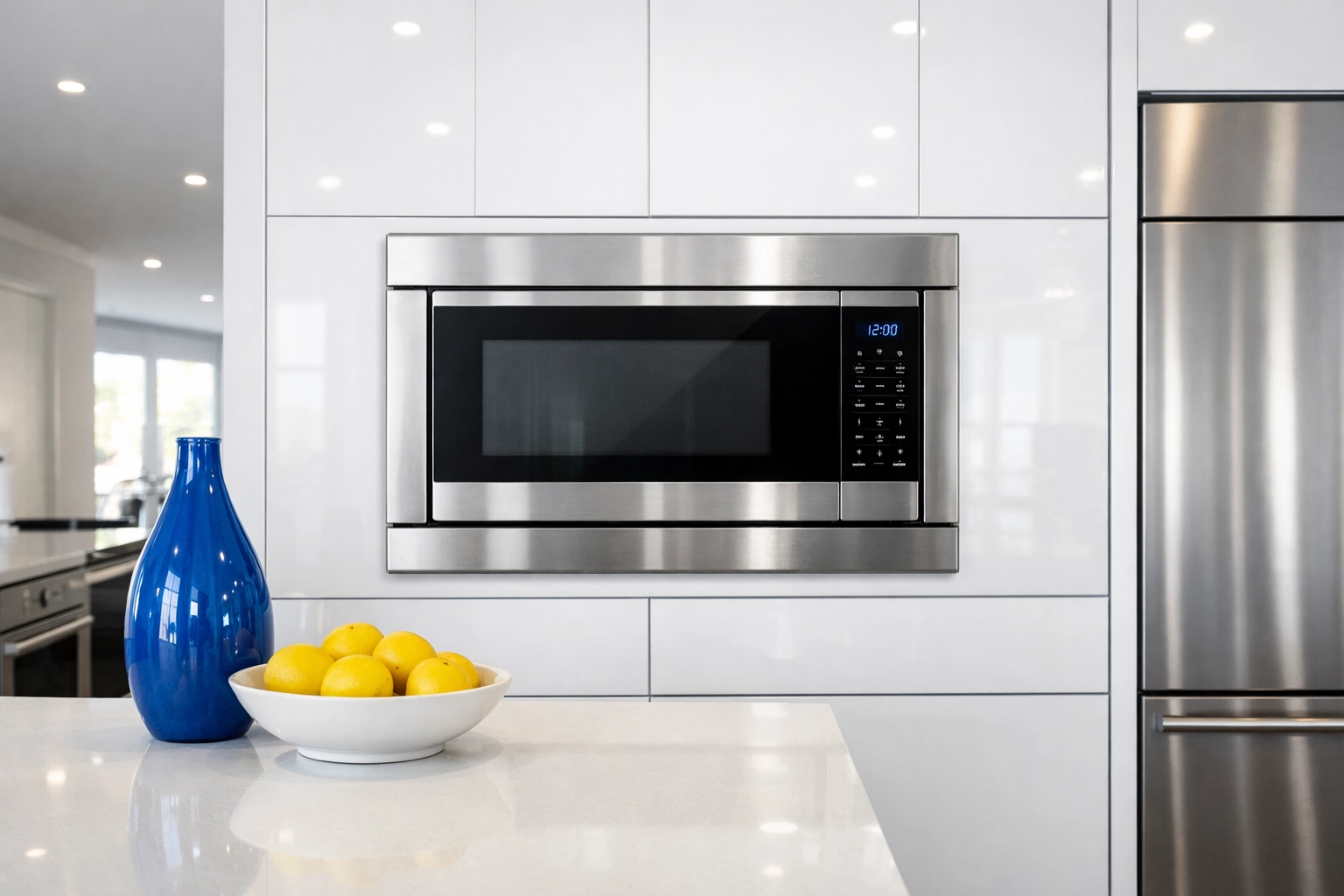 Spotless stainless steel microwave in a bright kitchen cleaned with eco-friendly vinegar steam.