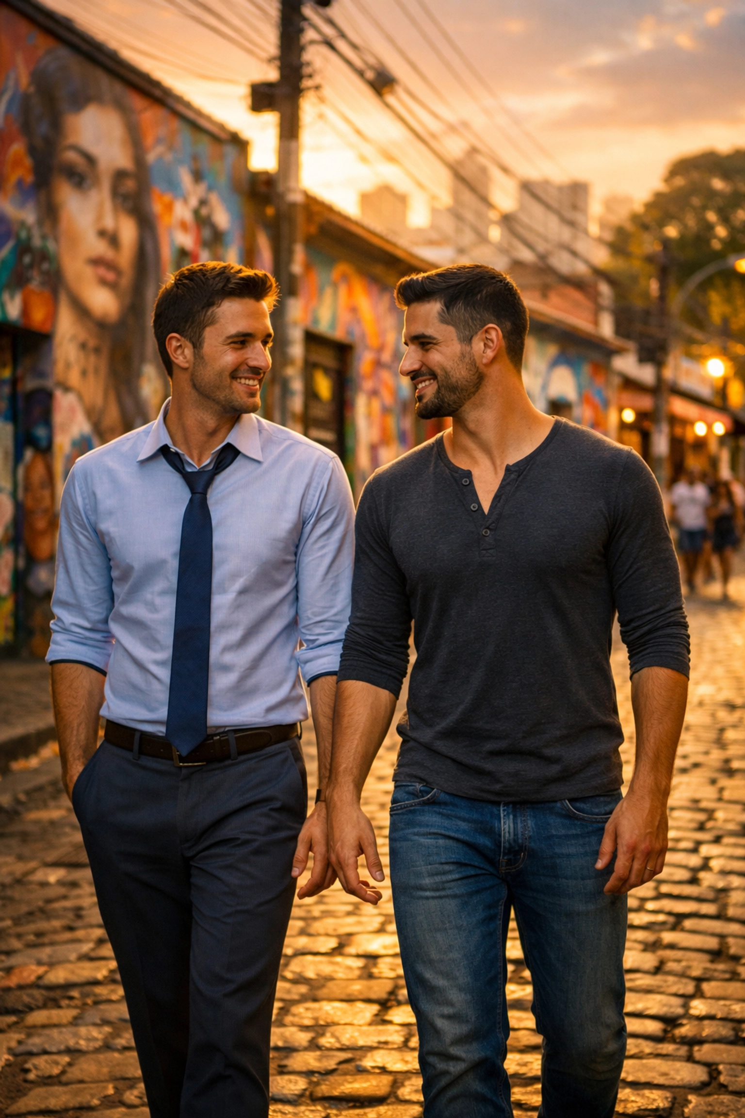 Two men walking through Vila Madalena neighborhood São Paulo - gay romance story setting