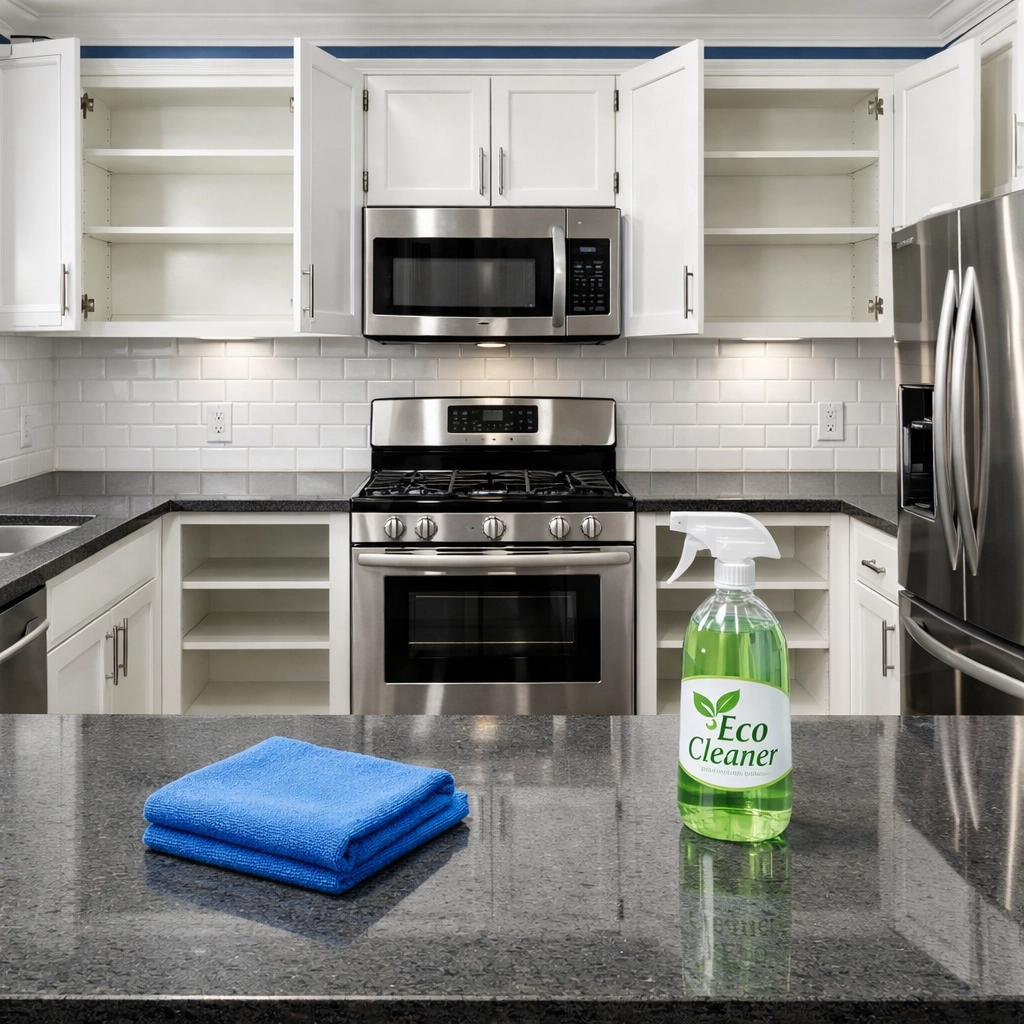 Modern kitchen featuring spotless white cabinets and polished surfaces after a Lowell House Cleaning move-out service.