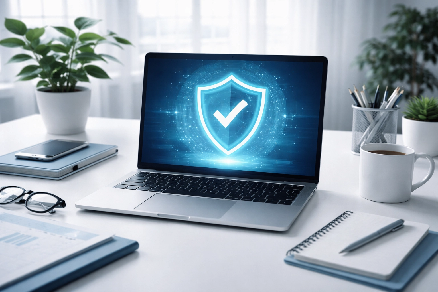 Modern small business desk with secure laptop symbolizes cyber insurance protection benefits.