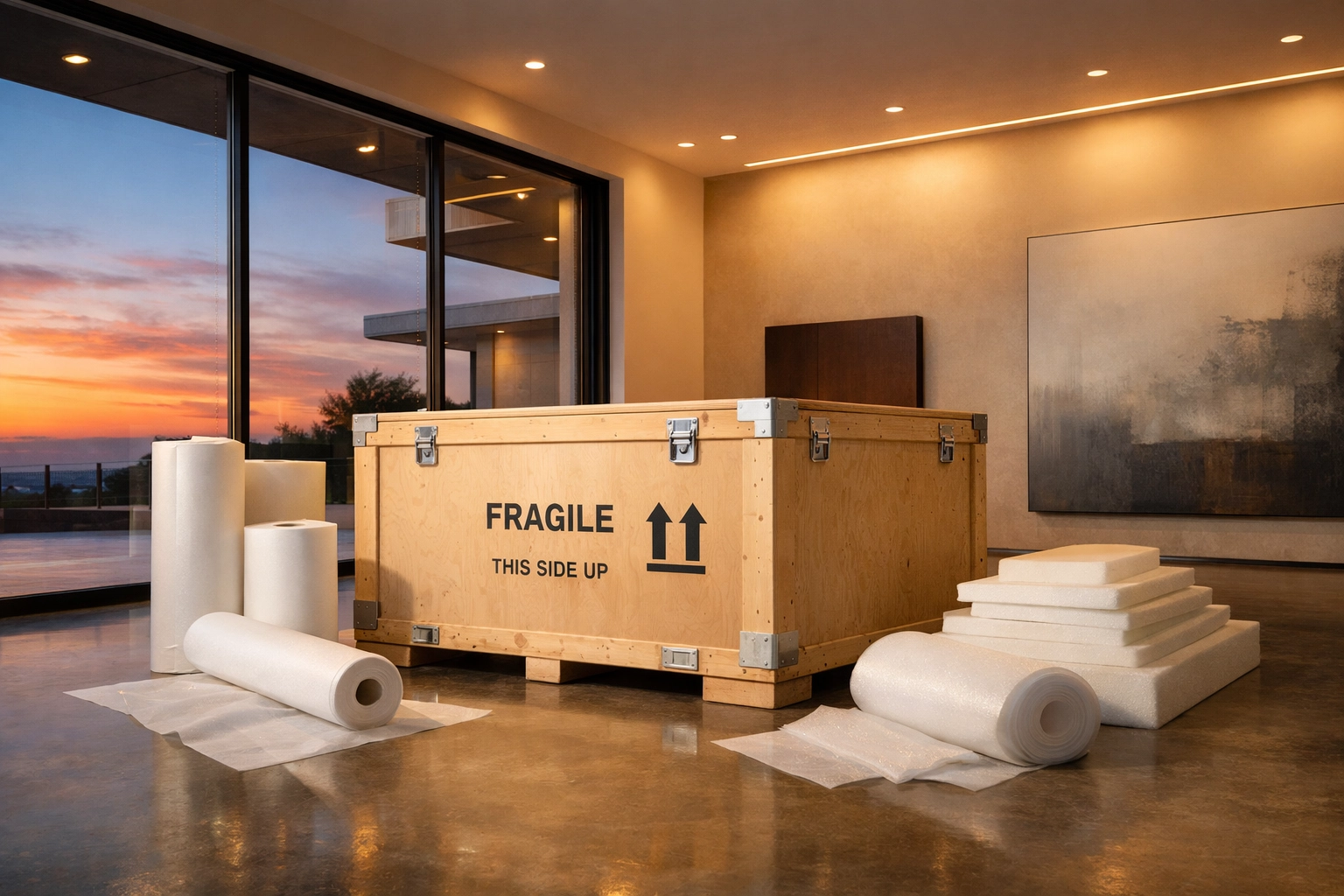 Custom engineered fine art transit crate with museum-grade packing materials in a contemporary gallery.