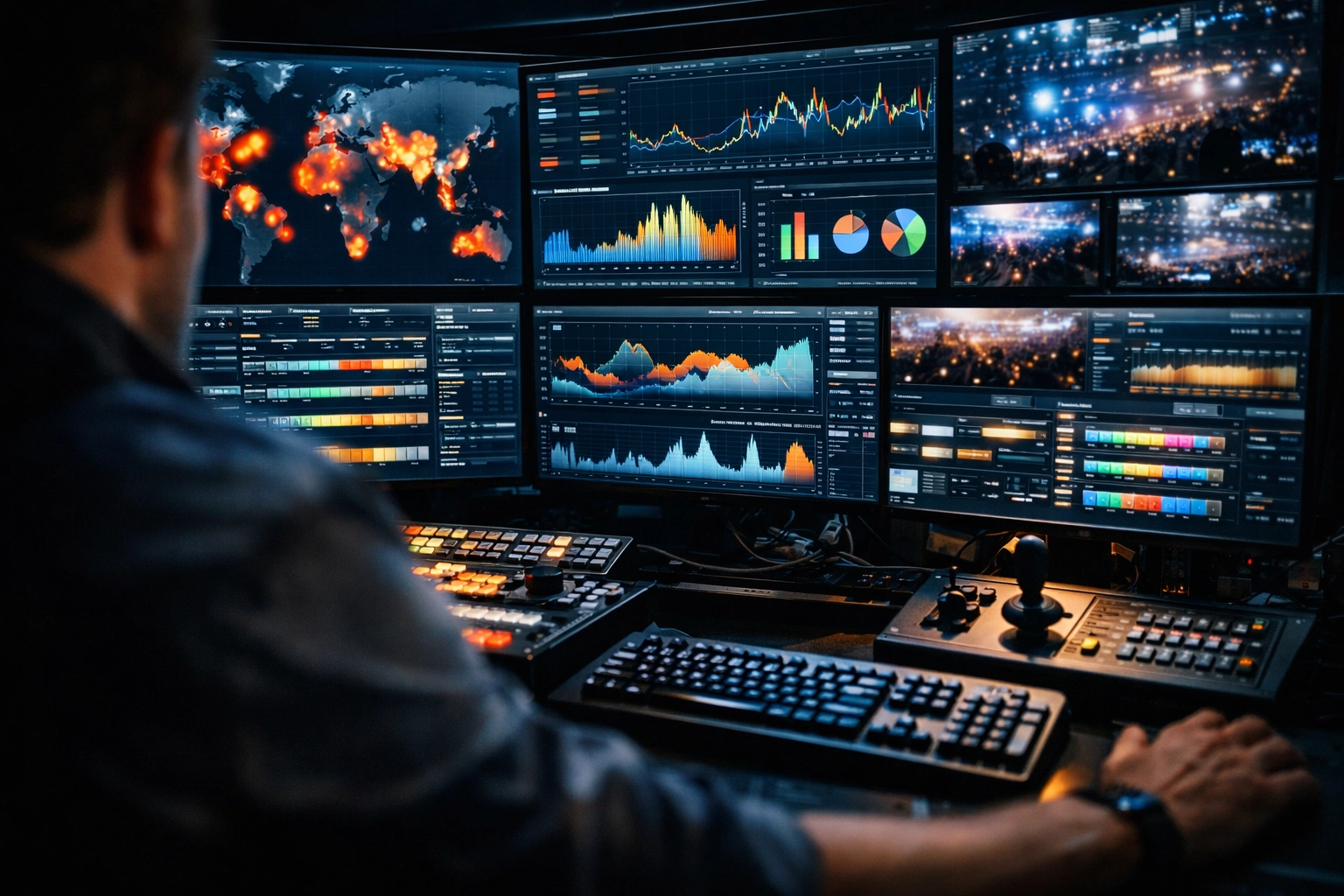 High-tech media control suite showing data analytics for scaling global media presence and event success.