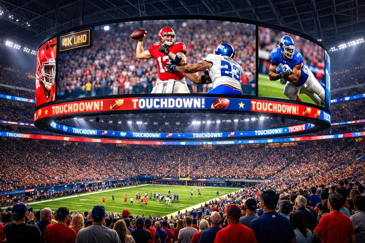 Packed stadium at night with high-resolution 4K video boards and digital LED ribbon displays.