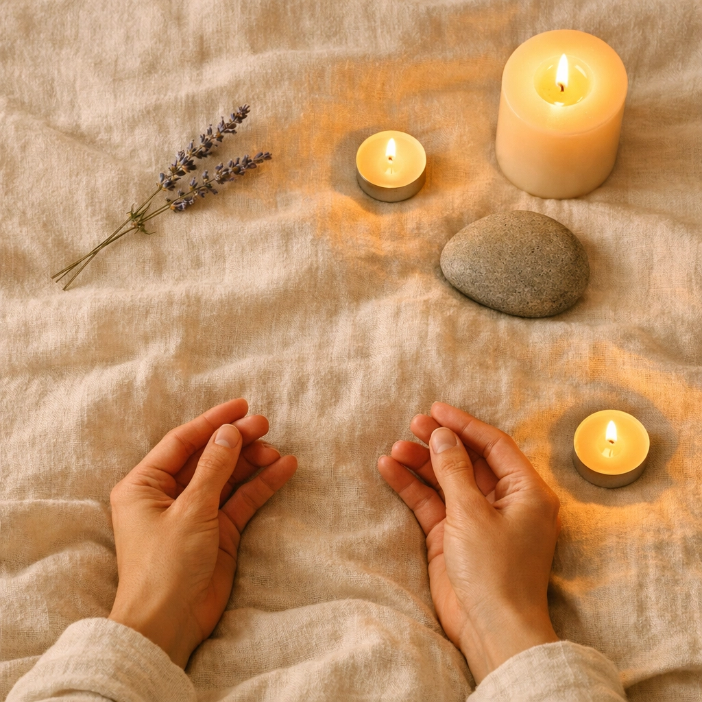 Peaceful nighttime wind-down routine with meditation hands, lavender, and candlelight for relaxation