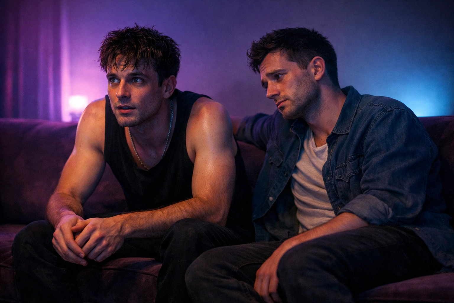 Stressed gay couple on a sofa, depicting the emotional strain and distance caused by drug addiction.