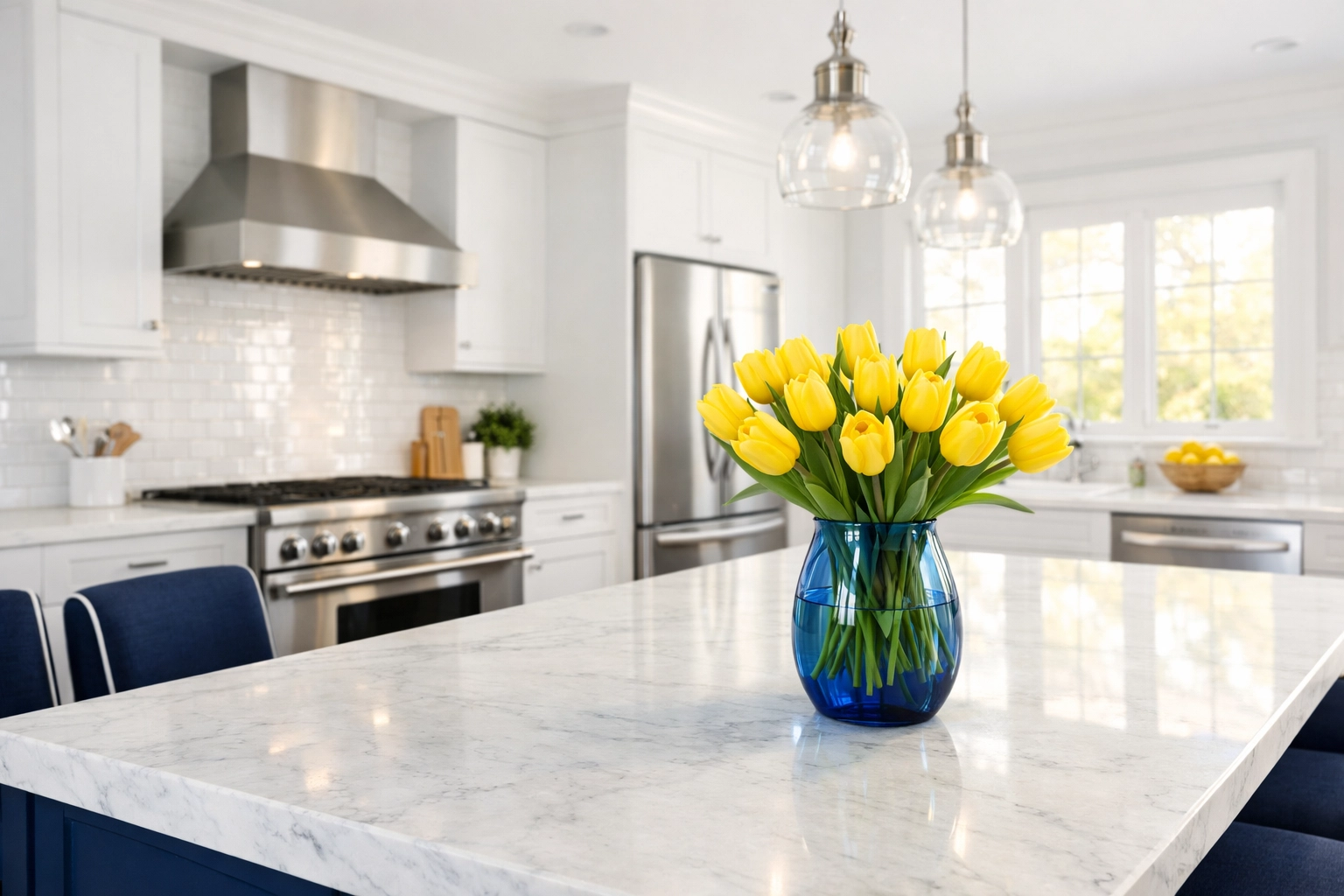 Pristine Wayland kitchen with white marble island after a professional spring deep cleaning.