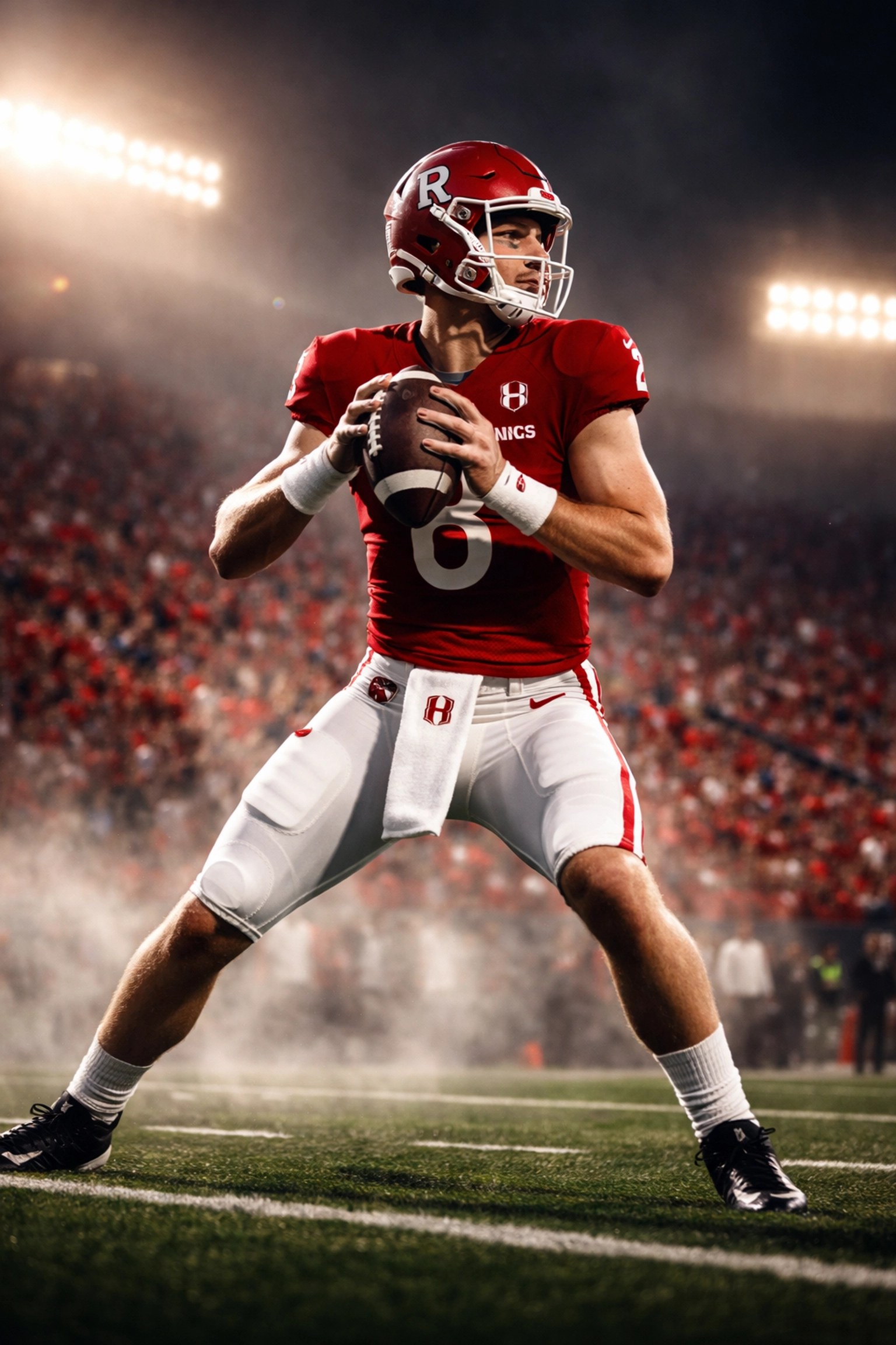 Rutgers quarterback in scarlet and white uniform poised in pocket passing stance on football field at sunset