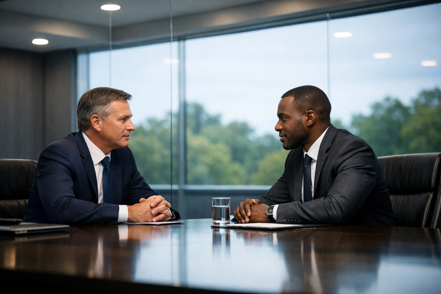 Professional advisors discussing strategy in an Alabama office during the business negotiation phase.