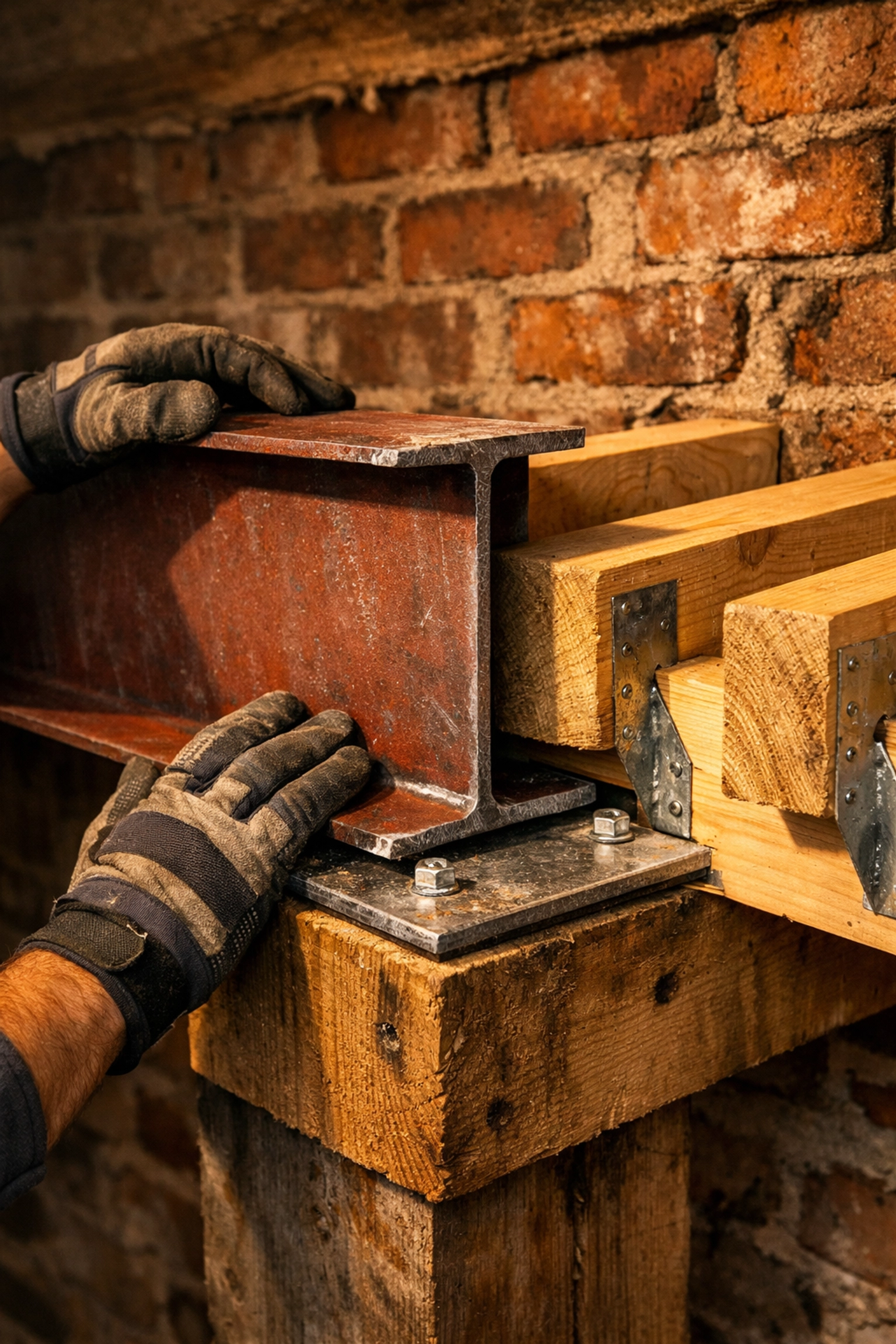 Steel beam installation during loft conversion showing structural work