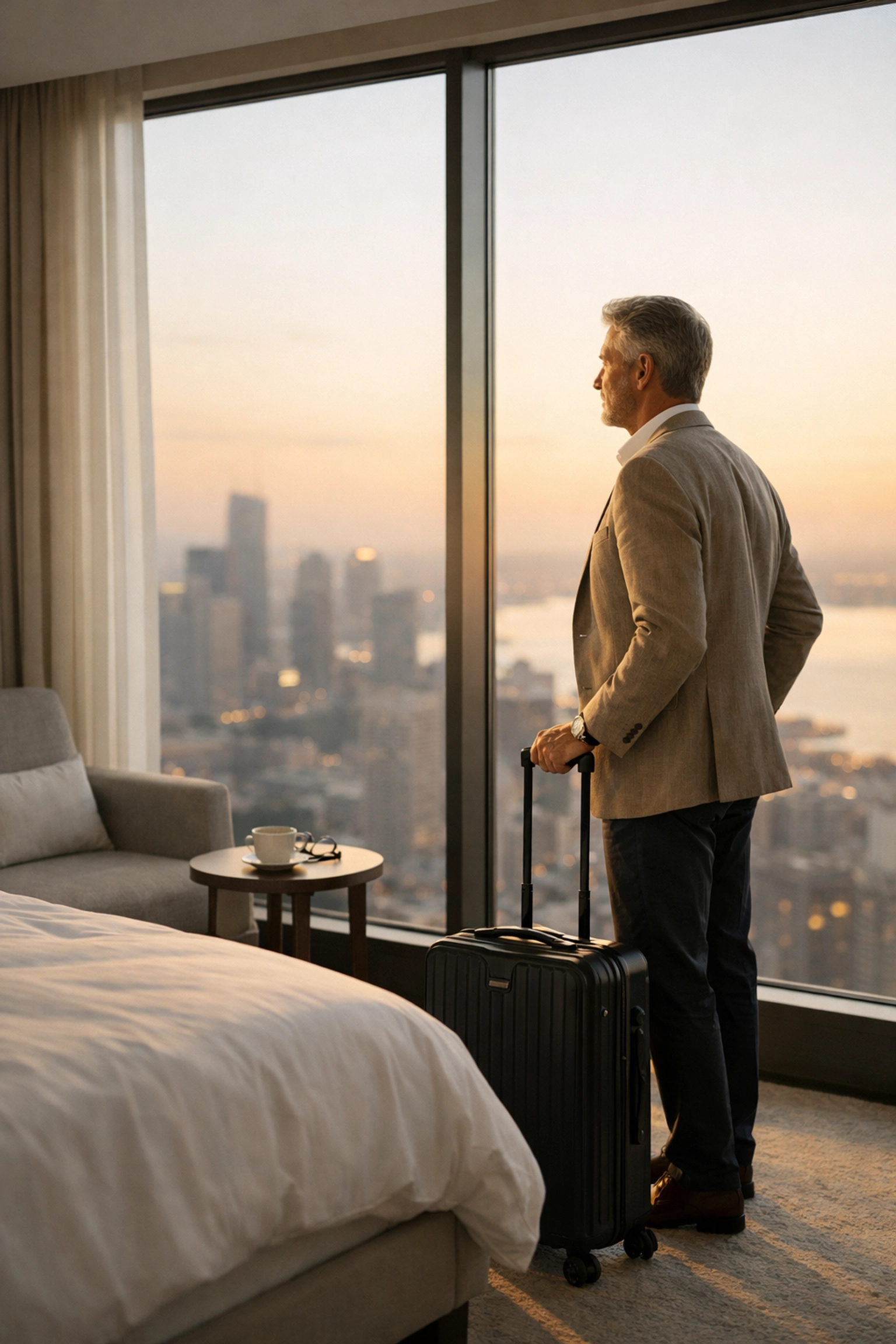 A guest in a high-rise suite, highlighting expanded market reach through a hotel channel manager.