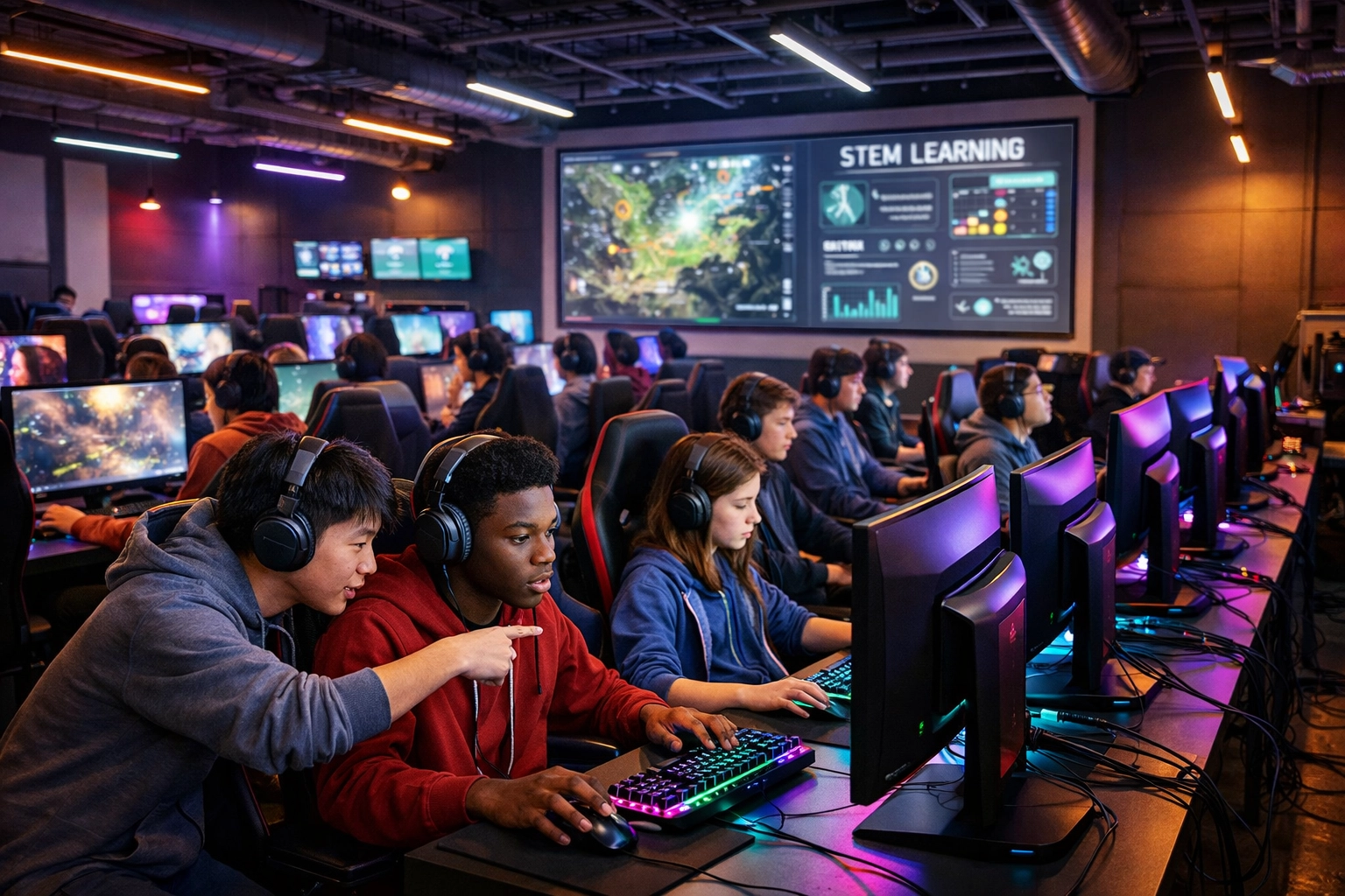 High school students in esports facility learning STEM skills through competitive gaming