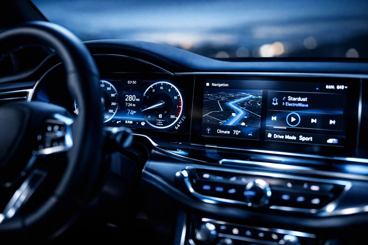 Modern car dashboard with glowing digital displays representing vehicle electrical systems in Hamilton.