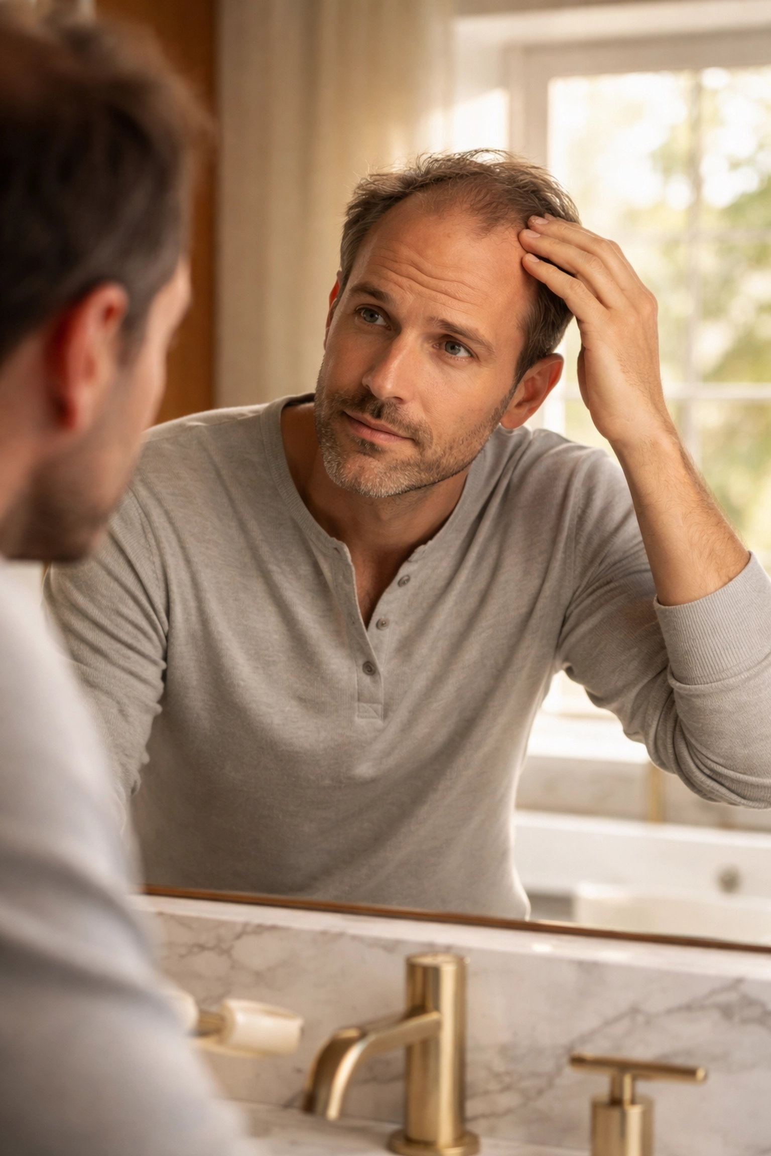 Confident middle-aged man touching thinning hair while reflecting in bathroom mirror, considering hair restoration options.