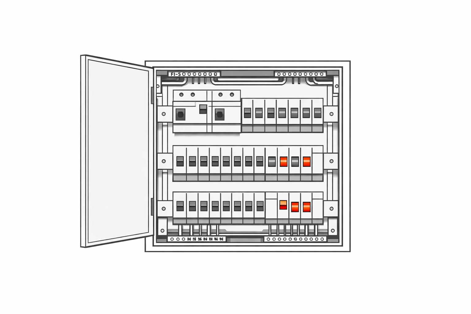 Professionelle Elektrotechnik in Wien: Offener Sicherungskasten mit moderner Leitungsführung und FI-Schaltern.