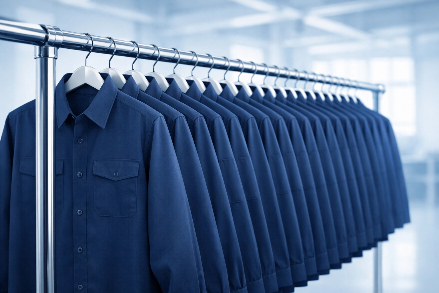 Cleanly laundered and pressed navy blue work shirts hanging on an industrial garment rail.