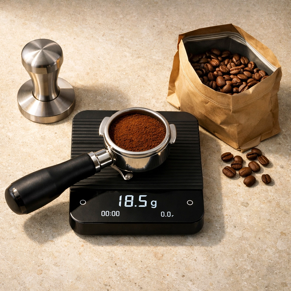 Professional home barista setup featuring digital scales, coffee tamper, and single-origin beans.