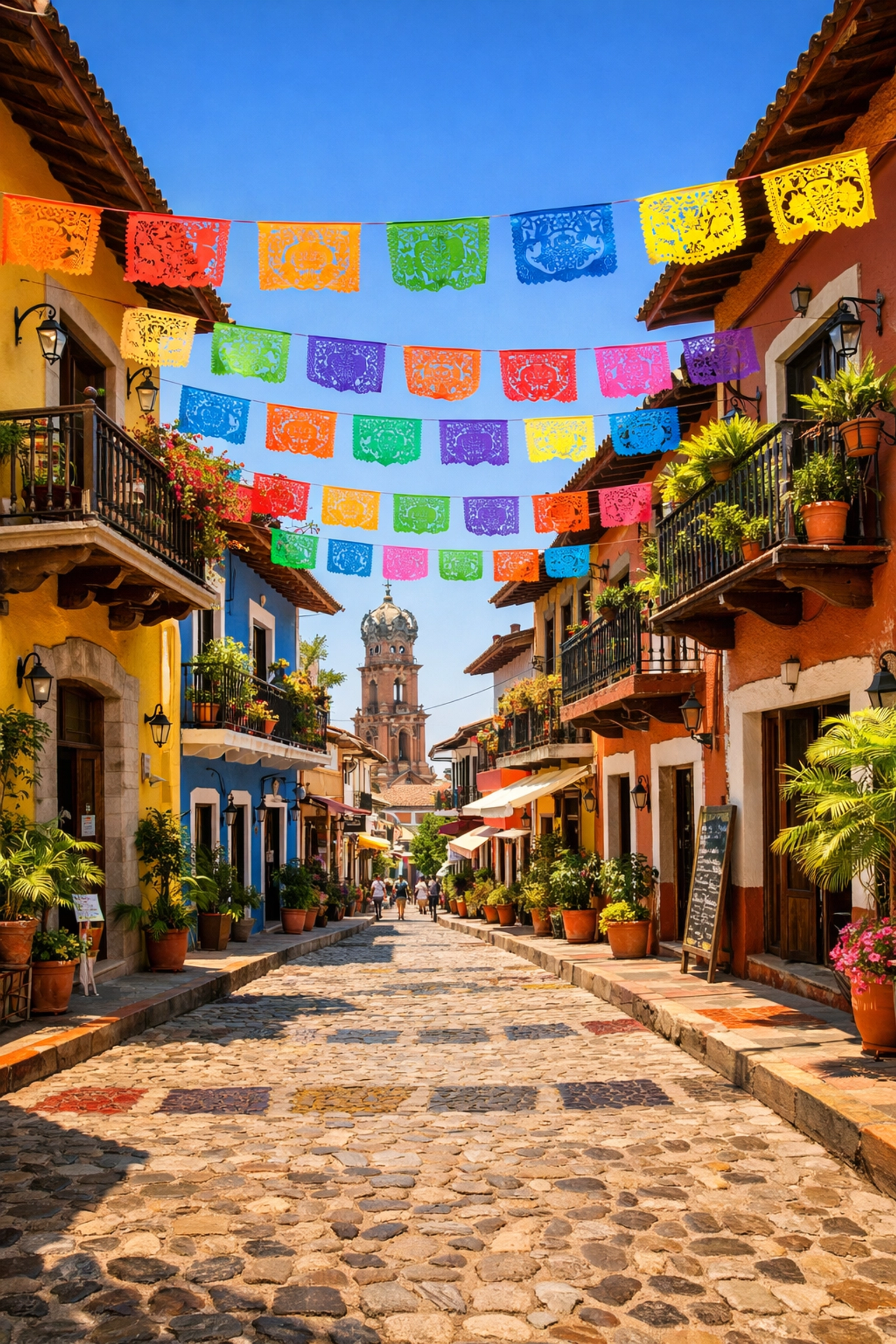 Vibrant Old Town Puerto Vallarta street featuring colorful architecture and festive banners.