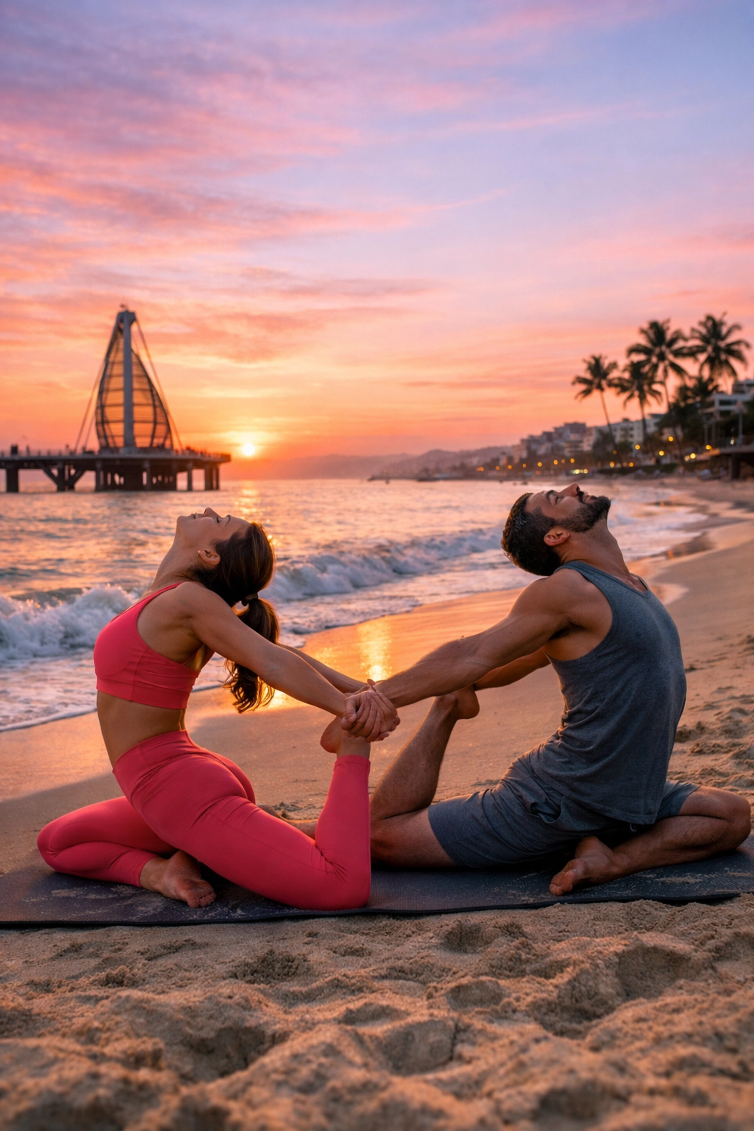 Couple practicing yoga on Los Muertos Beach at sunrise in Puerto Vallarta