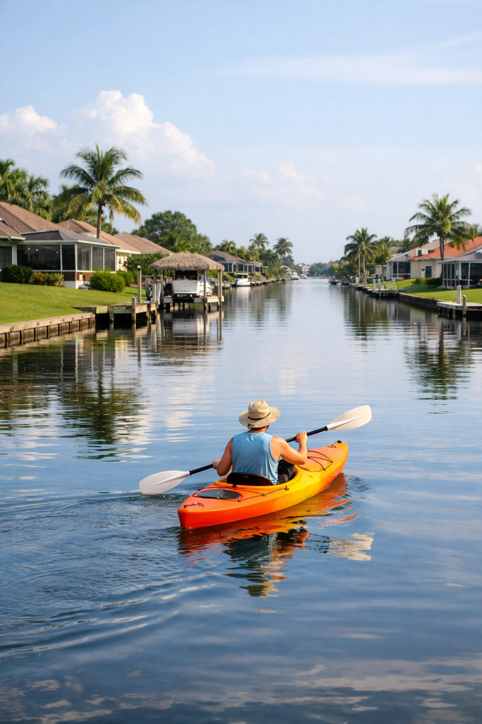 Kayaking in a quiet freshwater neighborhood, a scene often shown by Realtors Cape Coral.