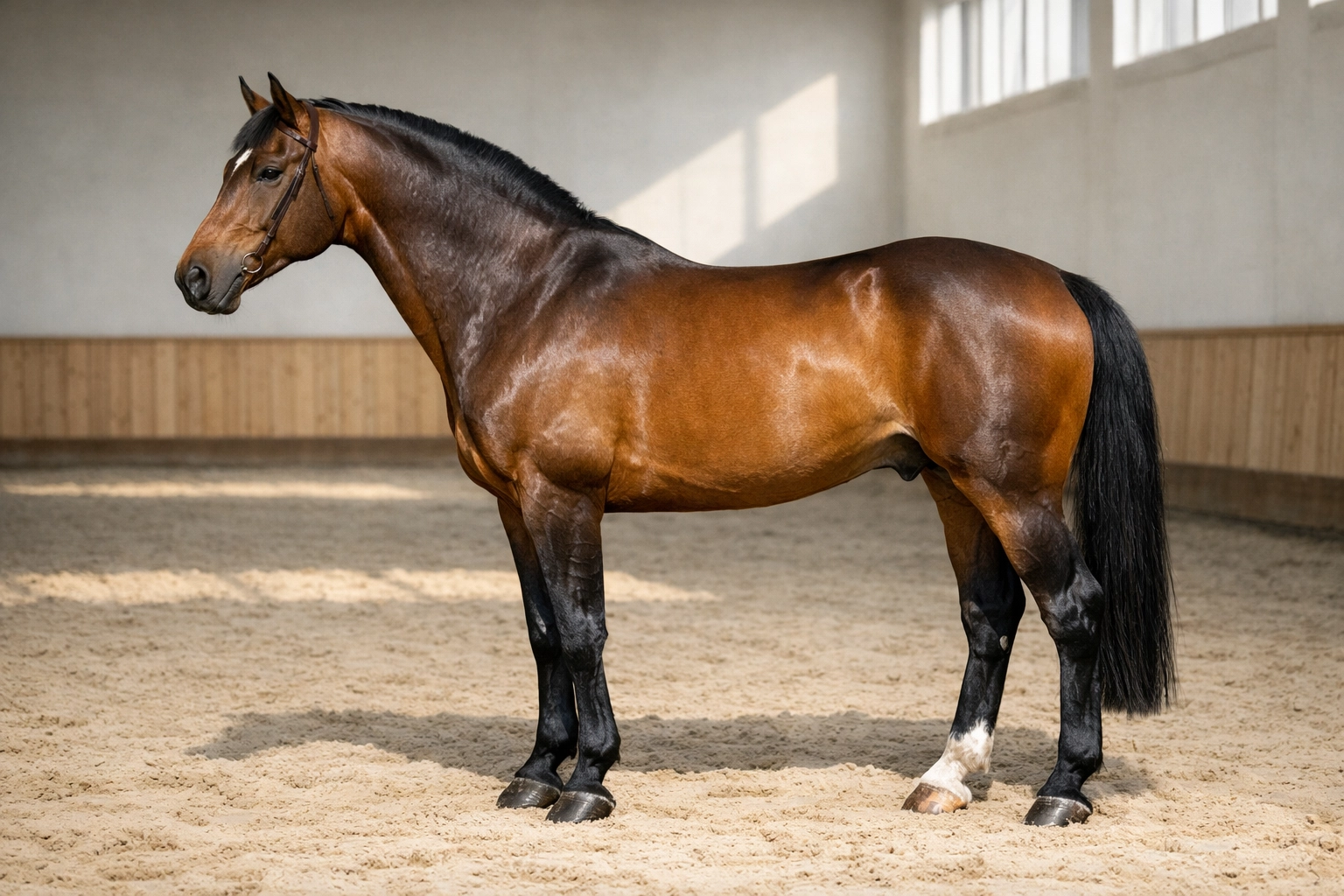 Bay performance horse showing healthy spinal alignment in an indoor training arena.