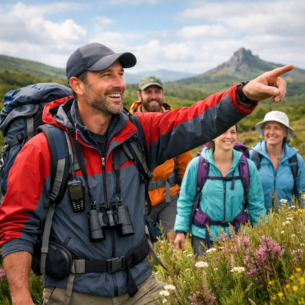 A professional guide leading a small group through the countryside on a guided walking tour UK.