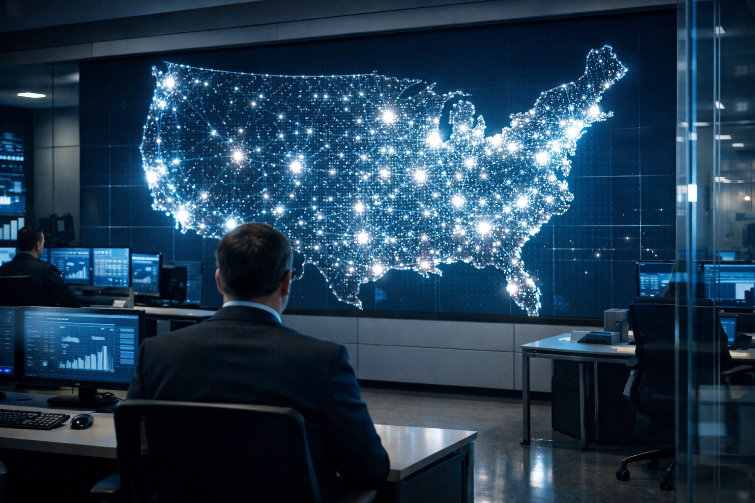 Strategist analyzing a national data map to track advertising performance and ensure market balance.