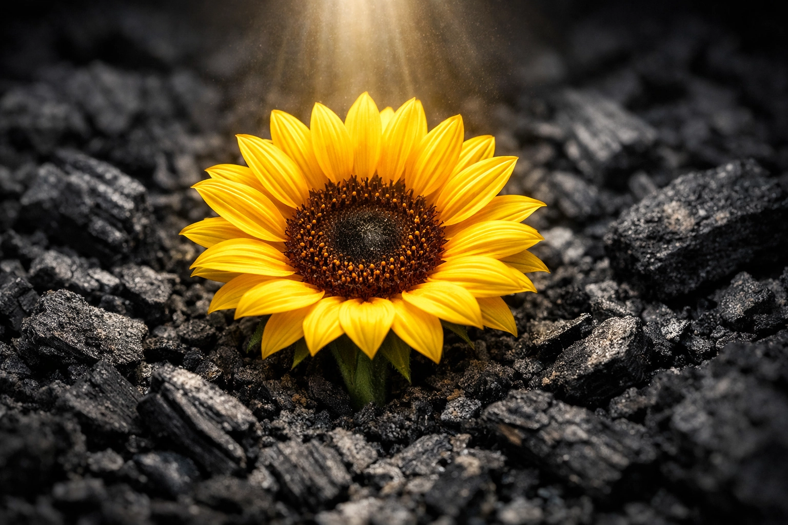 A bright yellow sunflower blooming from grey ashes, representing spiritual restoration and beauty from the war.