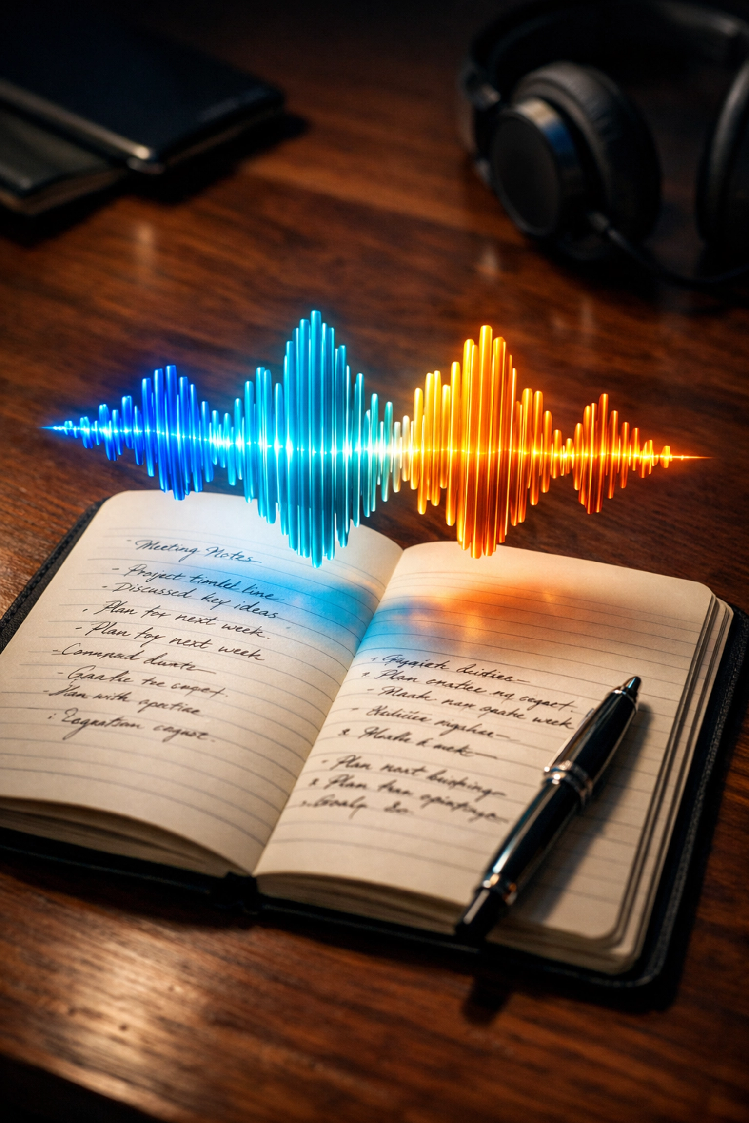 Holographic soundwave over a notebook representing an author's voice being mapped by AI writing tools.