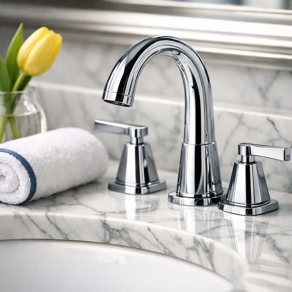 A sparkling marble bathroom vanity highlighting the detail-oriented luxury house cleaning in Lincoln.