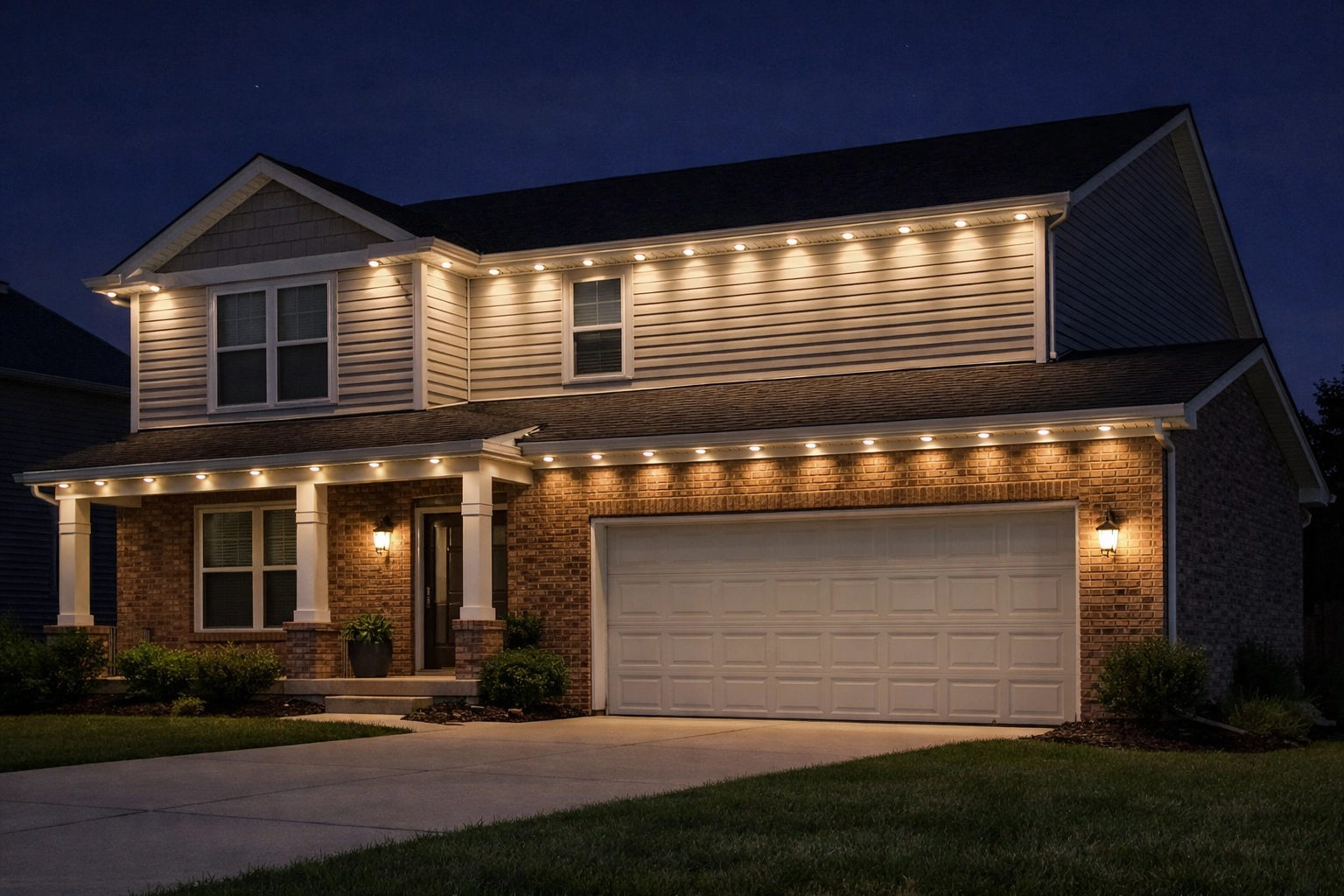 Evenly spaced permanent outdoor lighting on Lexington KY home eaves showing perfect beam overlap.