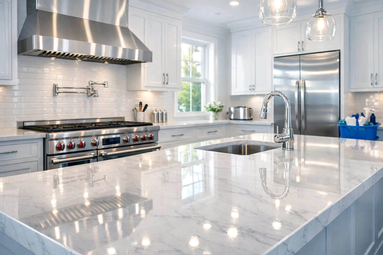 Spotless luxury kitchen surfaces after a professional deep cleaning MA session in Massachusetts.