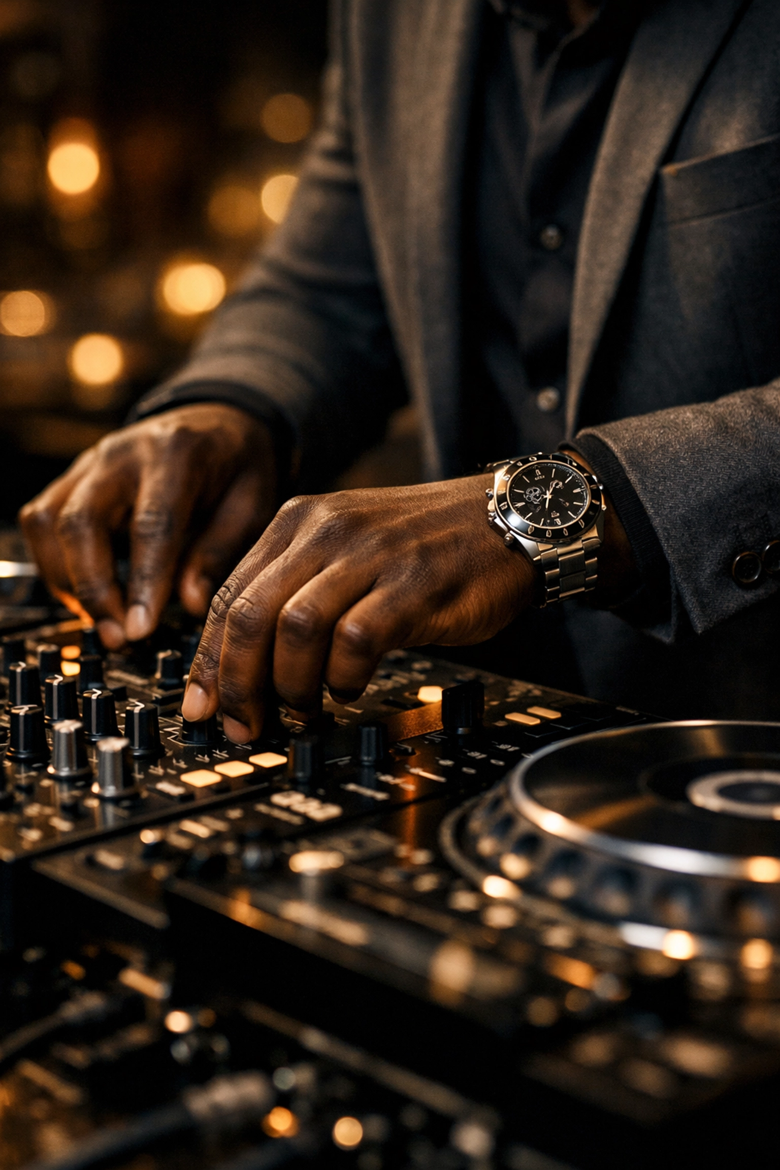 Professional DJ in a luxury lounge adjusting a sound mixer to create an immersive event atmosphere.