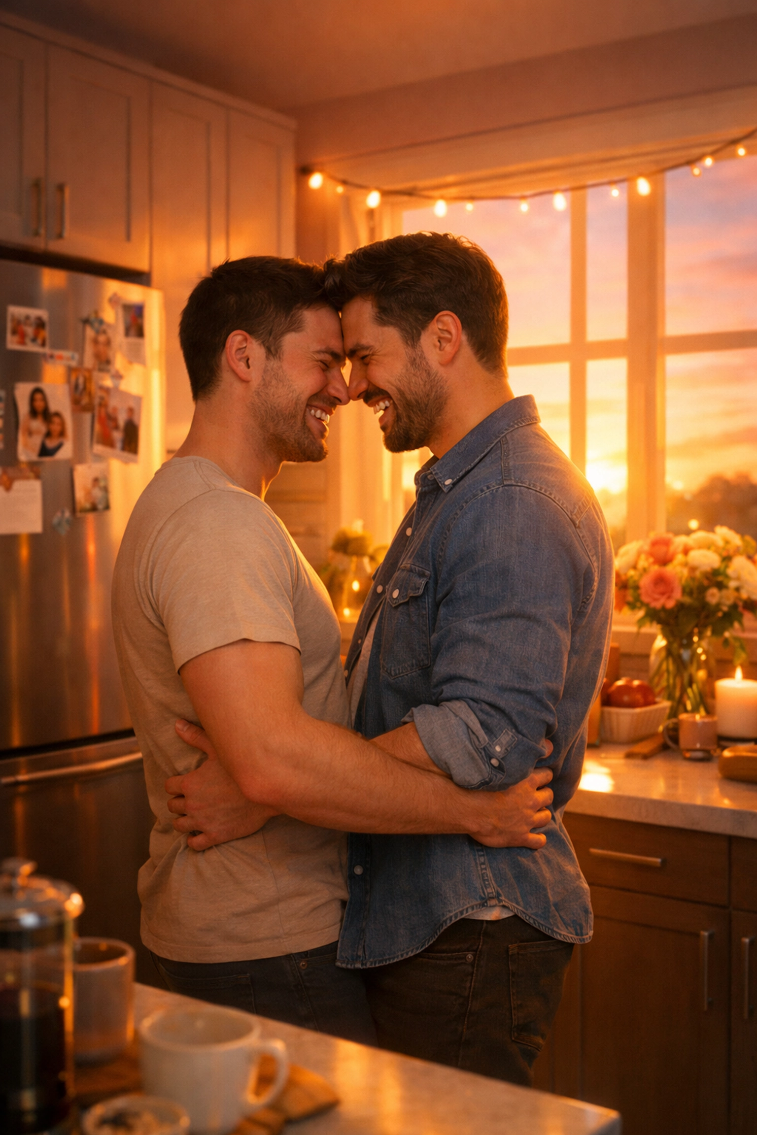 Gay couple dancing together in kitchen celebrating long-term love and connection