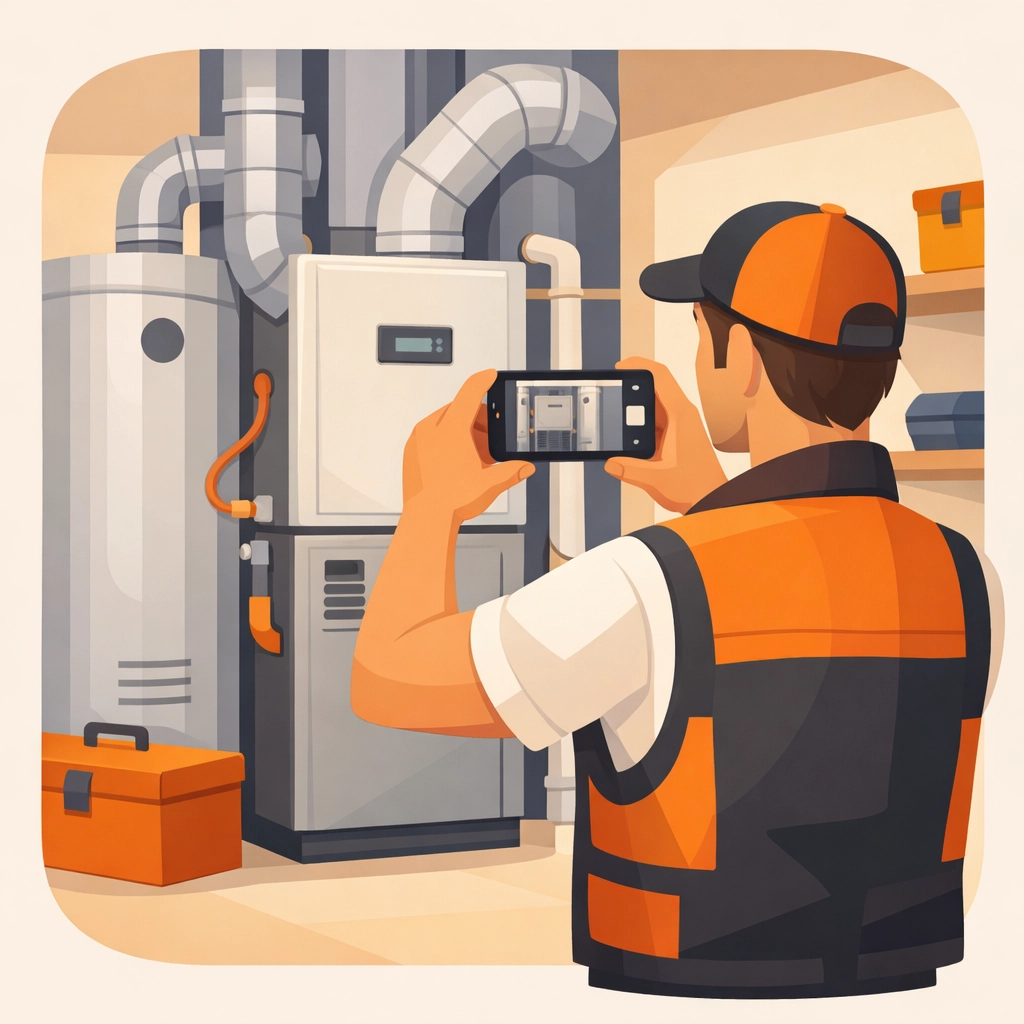 Contractor using a mobile app for job site photo documentation of an HVAC installation.