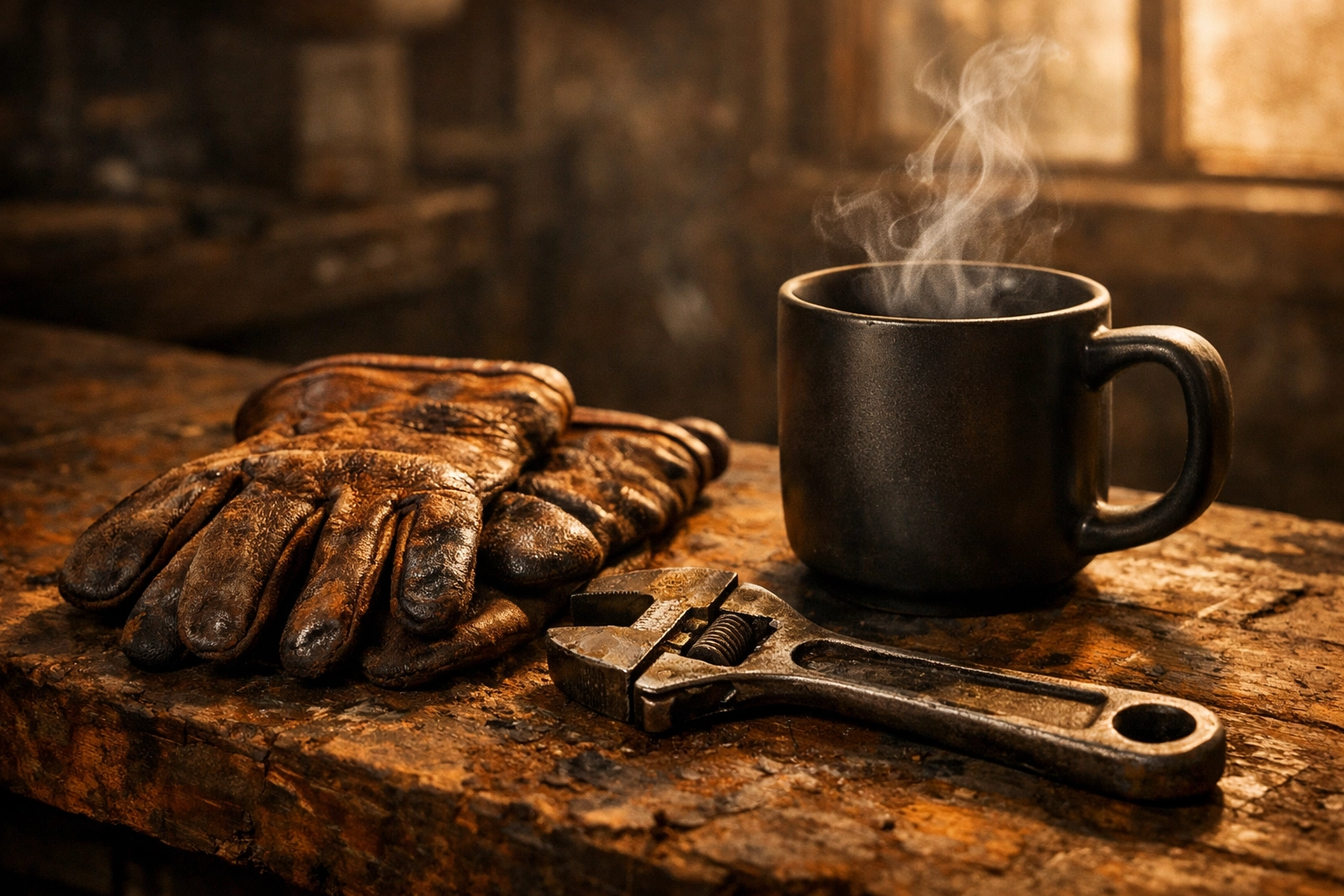 Steaming coffee mug on a rustic workbench with leather gloves and a wrench, fueling blue-collar hard work.