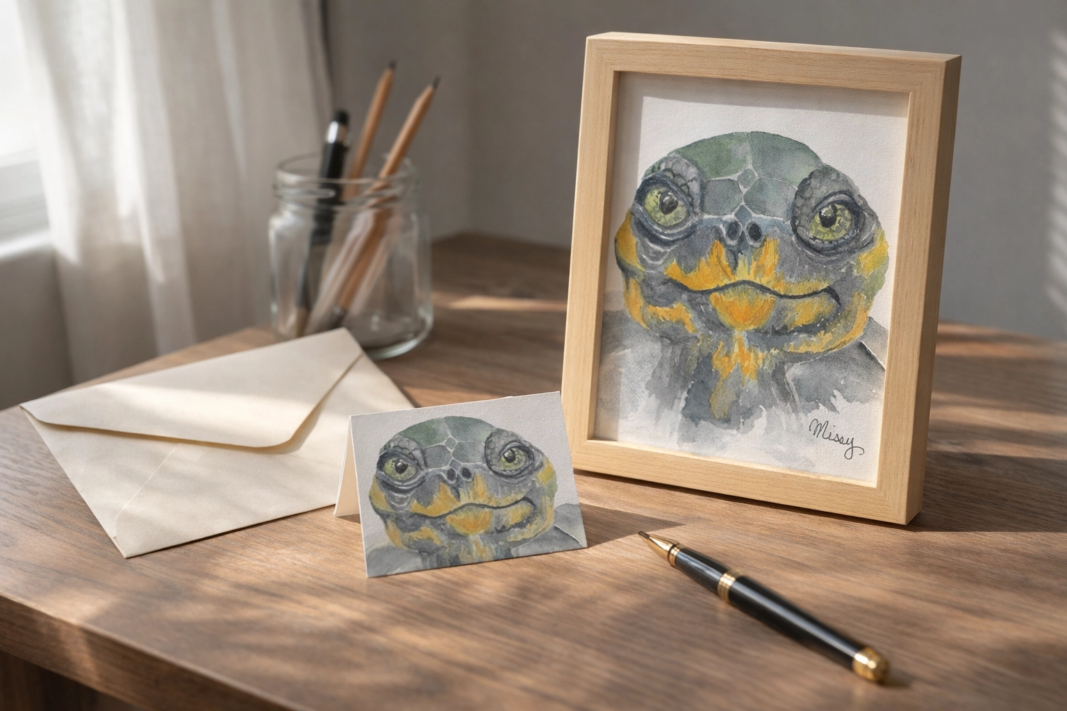 Missy’s Turtle print styled on a desk with stationery lifestyle mockup scene