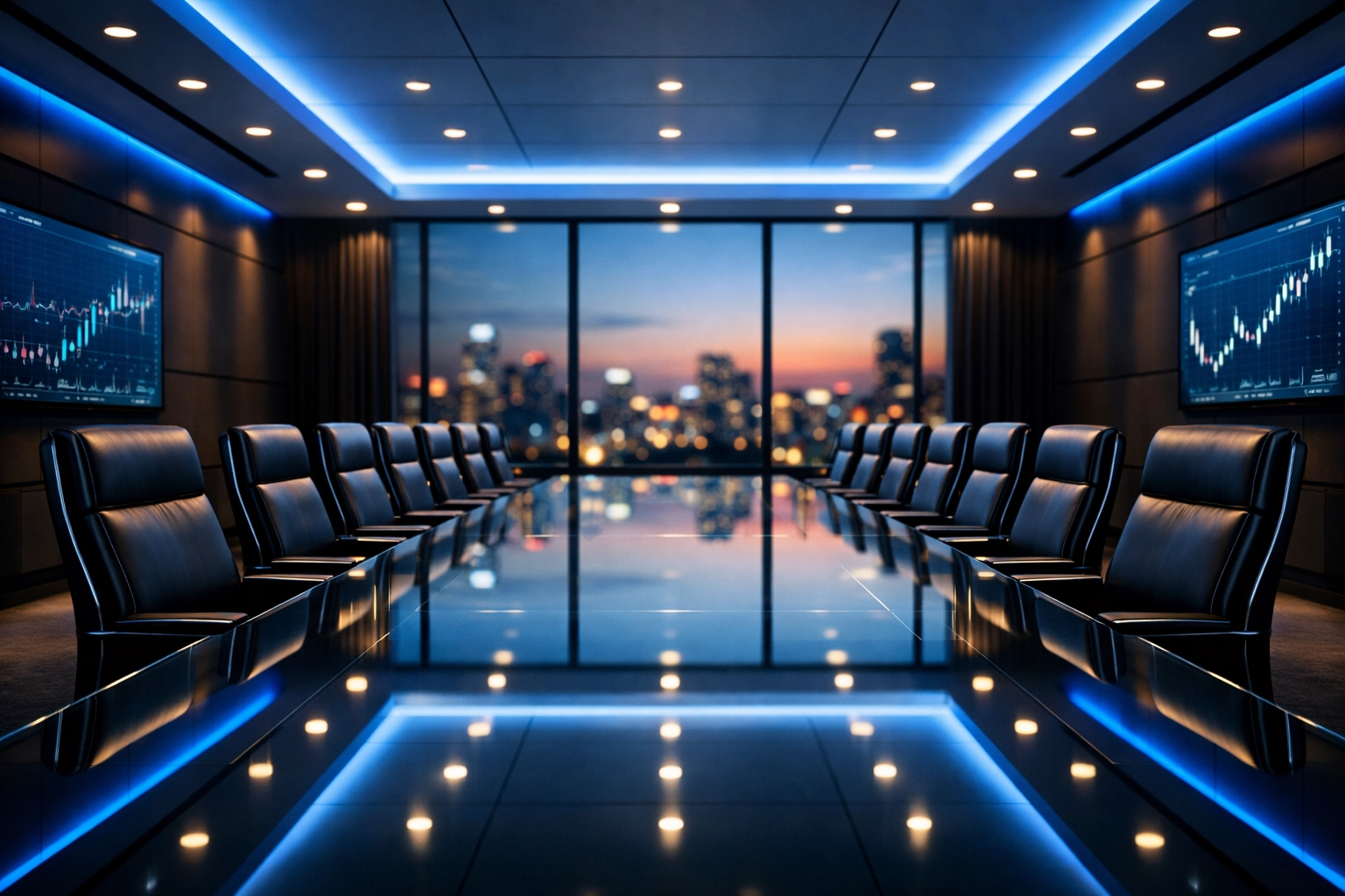 Spotless glass table in a modern executive boardroom, showcasing high-level detail cleaning for financial offices.