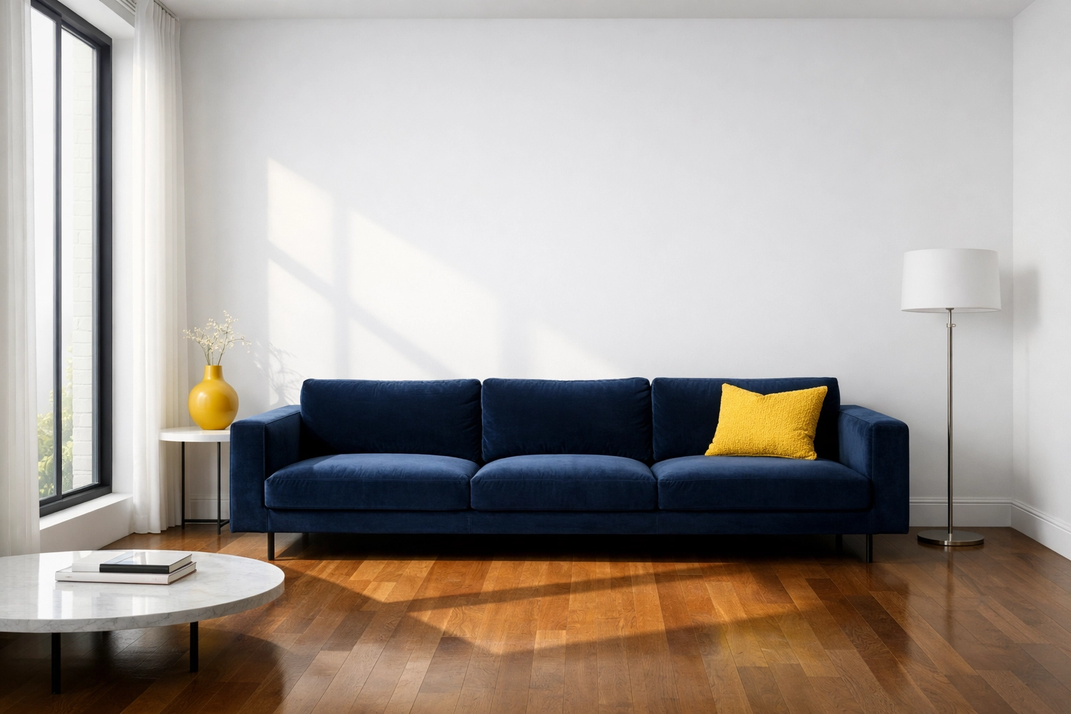 Minimalist living room with navy sofa demonstrating the psychology of clean living through professional deep cleaning.