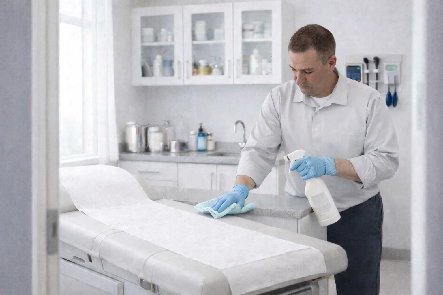 Medical office exam room sanitization with clinical-grade cleaning standards