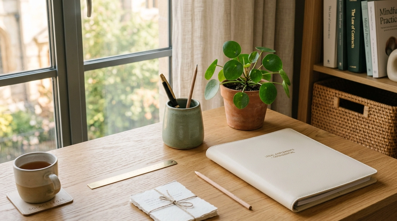 A professional, minimalist legal desk setting in a Business Boho aesthetic with cream and sage accents.