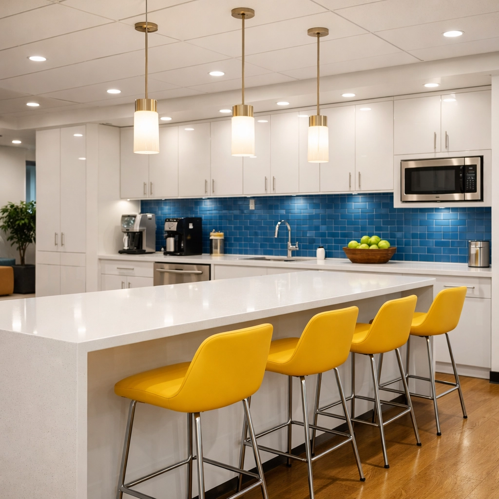 Sanitized high-end office breakroom and kitchenette in a clean North Andover business workspace.