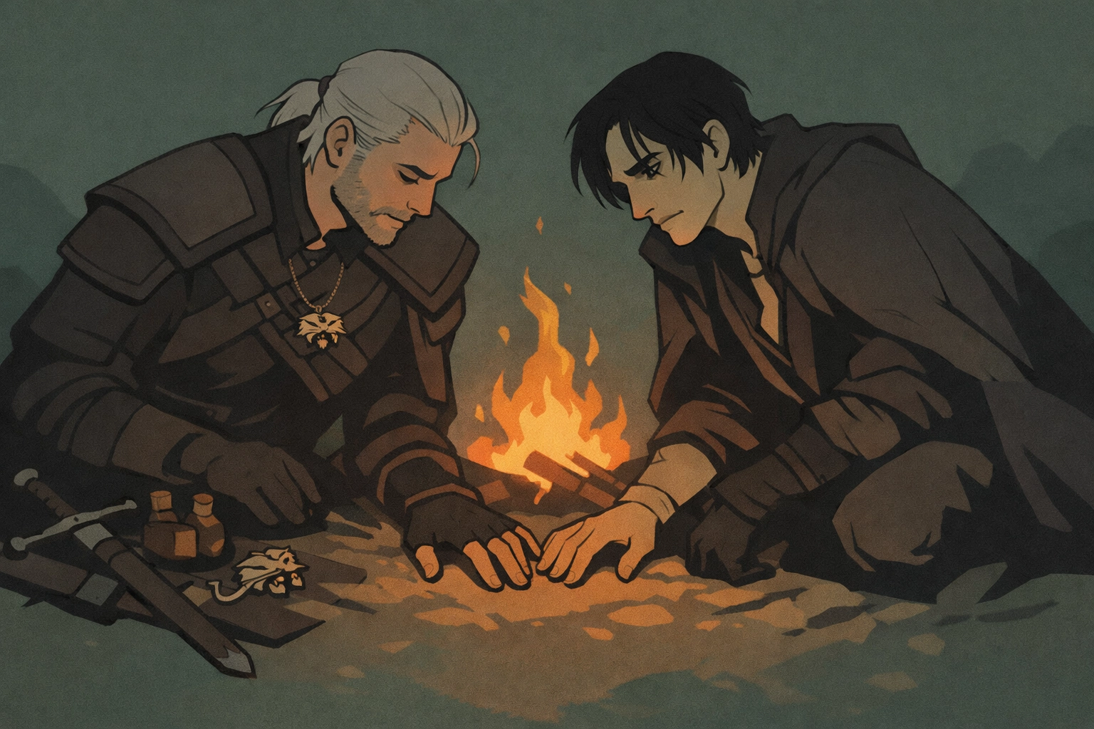 Two men by campfire building trust in MM witcher romance character development scene
