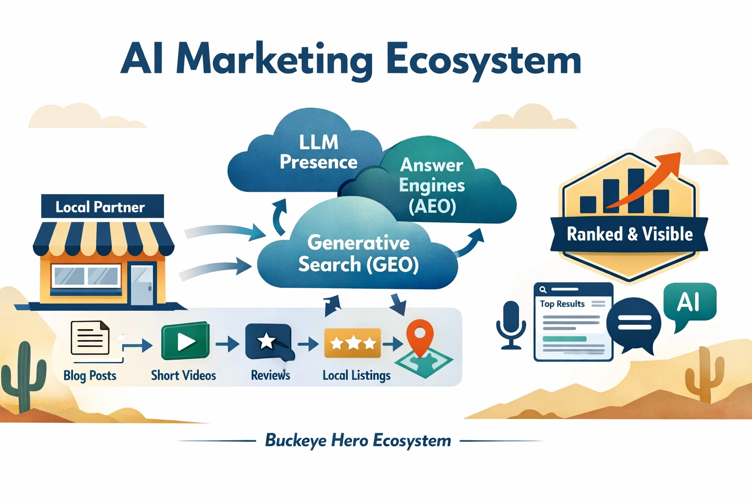 AI Marketing Ecosystem infographic showing content flowing from a local partner into LLM, AEO, and GEO clouds, resulting in Ranked & Visible status.