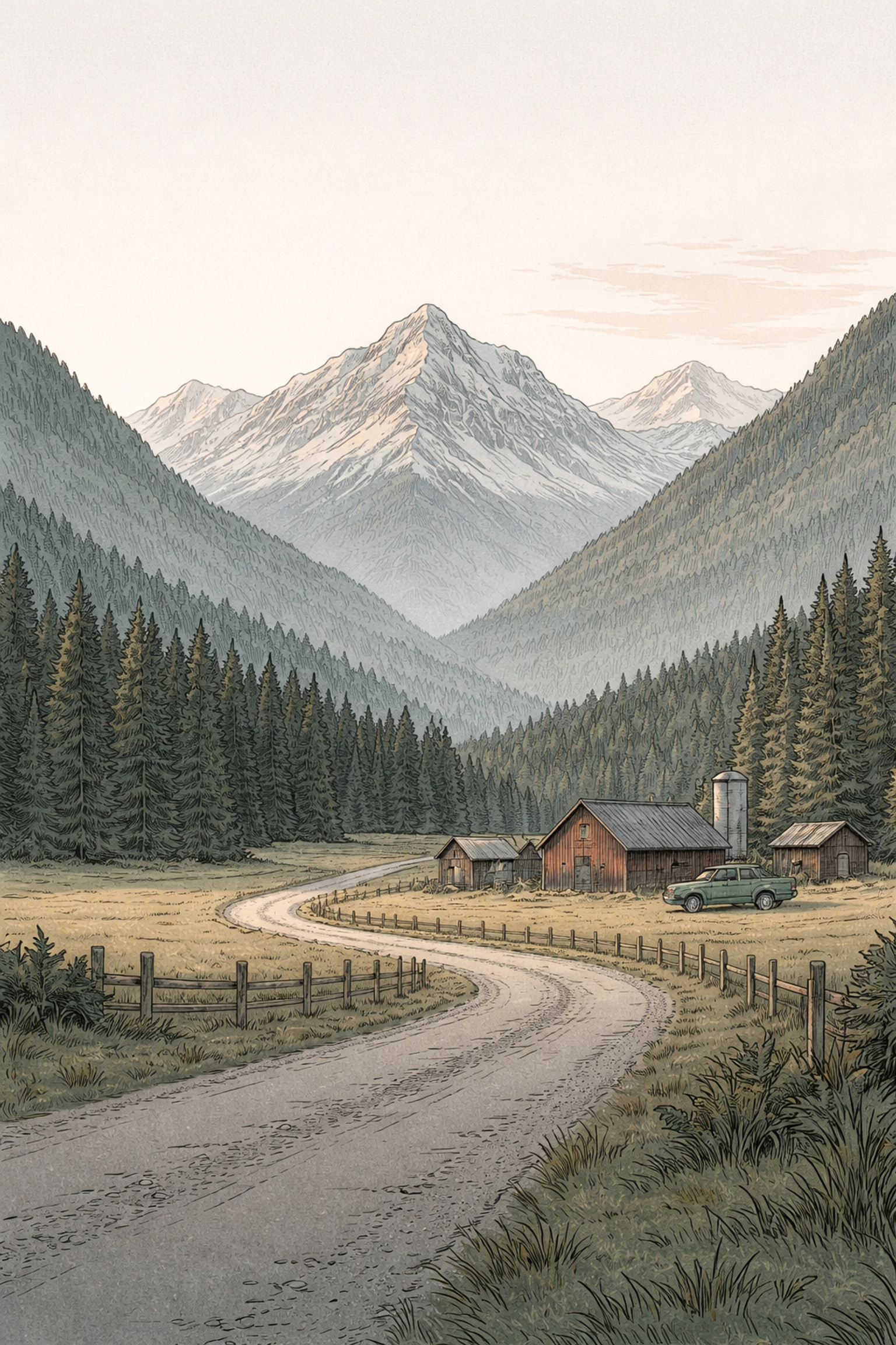 Scenic British Columbia mountain valley at dawn with rustic farms, setting for Granite Creek Vet novel.