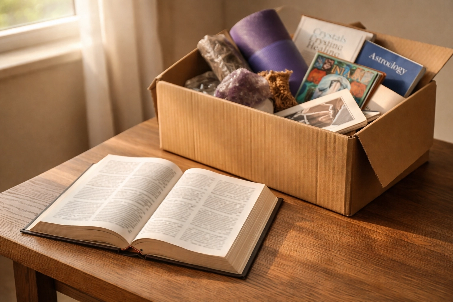 Open Bible beside discarded crystals and yoga items, symbolizing deliverance ministry and breaking demonic ties